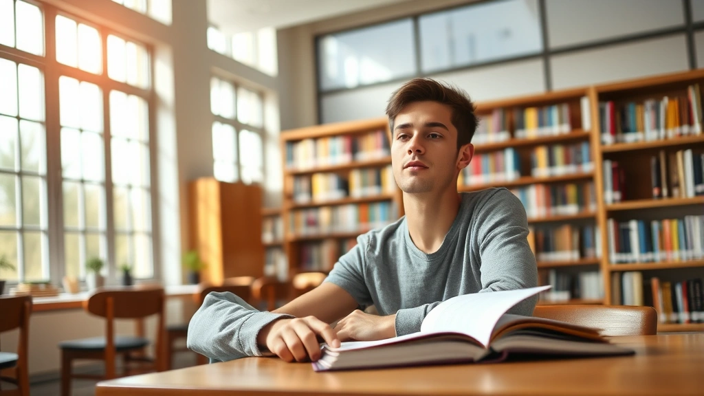 A focused college student sitting at a desk in a bright library, looking peaceful and concentrated with an open textbook, natural window light streaming across the workspace, warm and productive atmosphere