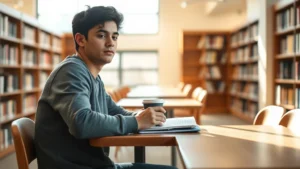 A college student sitting at a wooden desk in a bright library, focused and calm, with a notebook and coffee cup, natural window light streaming across their face, peaceful concentration expression, warm tones
