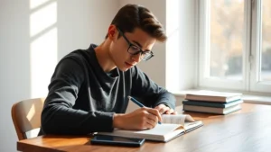 College student studying at wooden desk in bright natural light, focused expression, notebook and pen visible, minimalist desk setup, afternoon sunlight through window, calm concentration
