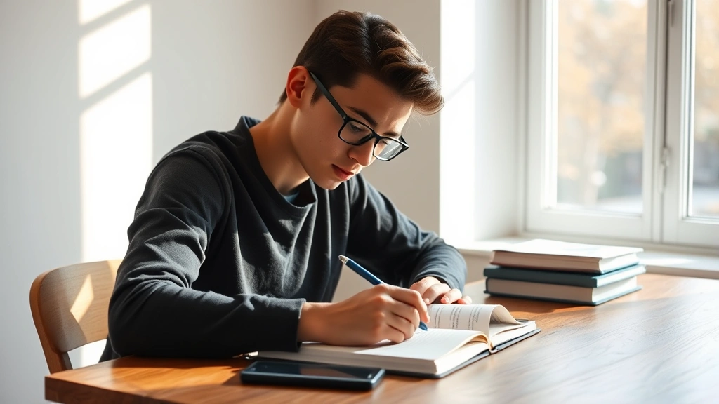 College student studying at wooden desk in bright natural light, focused expression, notebook and pen visible, minimalist desk setup, afternoon sunlight through window, calm concentration