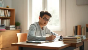 College student studying intently at wooden desk with notebook and pen, morning sunlight streaming through window, peaceful focused expression, minimal clutter, warm neutral tones, photorealistic