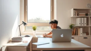 College student sitting at clean, minimalist desk with natural sunlight streaming through window, focused expression, laptop open, organized workspace with no clutter, warm lighting, calm concentration atmosphere, photorealistic