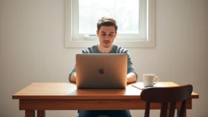 Student sitting at wooden desk in bright, minimalist study room with laptop, focused expression, natural window light streaming in, clean desk surface with single coffee cup, warm but concentrated atmosphere, photorealistic