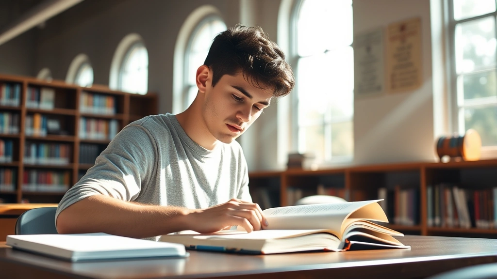 College student studying intently at library desk with natural light streaming through windows, notebook and textbook visible, peaceful focused expression, warm lighting