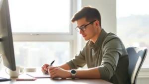 Student studying at desk in bright morning sunlight through large window, focused expression, coffee cup nearby, minimal desk clutter, calm professional workspace