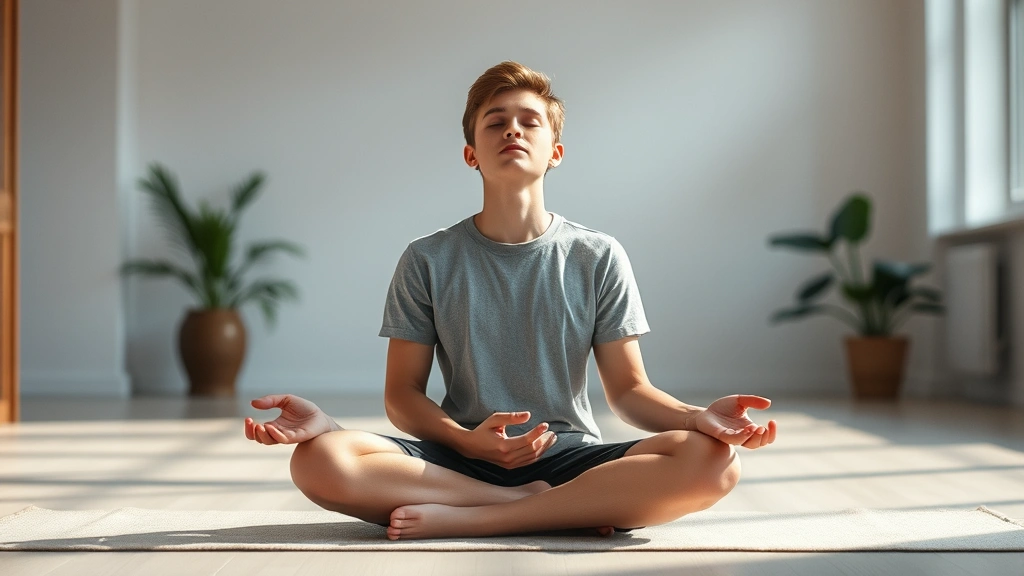 A peaceful meditation or mindfulness scene showing a young adult in a serene indoor space with soft natural lighting, sitting in a relaxed posture with eyes closed, representing mental clarity and cognitive focus