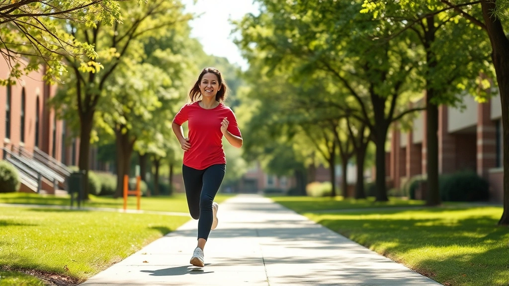 Student exercising outdoors on campus, jogging or stretching in natural light, energetic and healthy, green campus surroundings, athletic movement, photorealistic