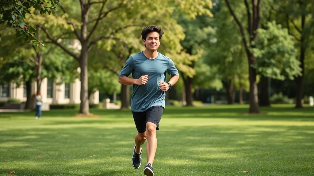 Young adult doing outdoor exercise on campus green space, jogging or walking with trees in background, energetic but peaceful expression, natural daylight, healthy movement