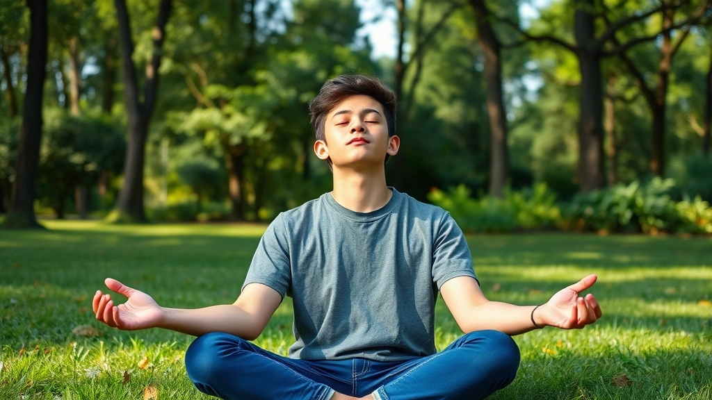 Young person meditating outdoors on grass with eyes closed, calm composed expression, surrounded by trees and natural greenery, afternoon sunlight, serene peaceful environment, high quality portrait style