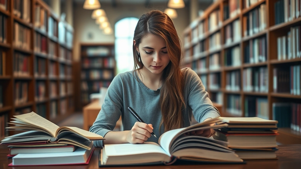 Young woman in library study area with soft natural lighting, surrounded by open textbooks and notebooks, taking notes with genuine concentration, warm atmospheric lighting, wooden furniture, photorealistic no visible text content