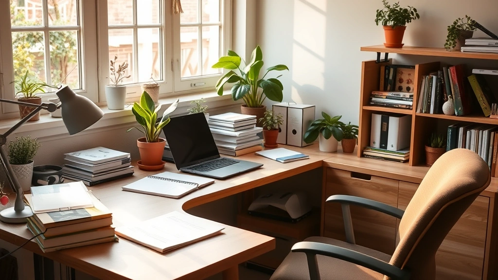 Peaceful study space with clean desk, organized materials, warm natural lighting, plants visible, comfortable ergonomic setup, serene focused atmosphere