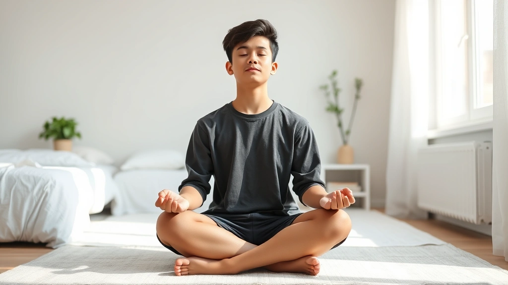 A young person meditating in a calm bedroom environment, sitting cross-legged with closed eyes, soft natural morning light, serene expression, clean minimalist space conveying mindfulness and mental clarity