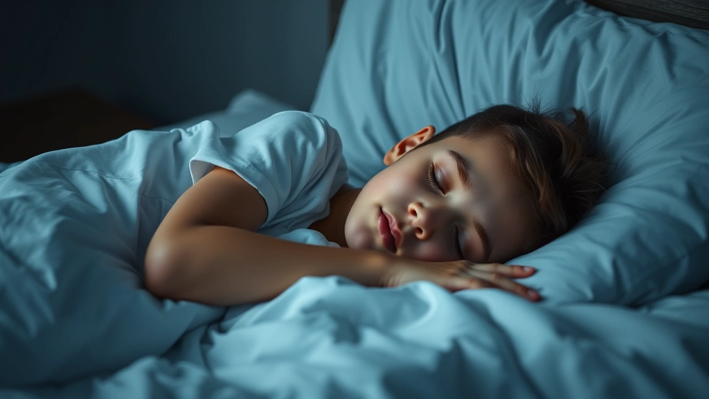 Young person sleeping peacefully in bed with white linens, dark bedroom, peaceful expression, natural sleep position, representing restorative sleep for cognitive performance