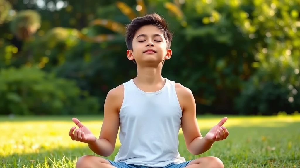 Young person practicing breathing meditation outdoors on grass, eyes closed peacefully, relaxed shoulders, natural garden setting with soft natural light, serene expression, photorealistic