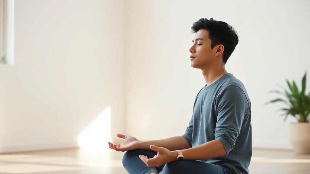 Young adult meditating in peaceful seated position in bright room, eyes closed, relaxed posture, natural light, serene expression, hands resting gently, calm interior space, no distractions visible, photorealistic