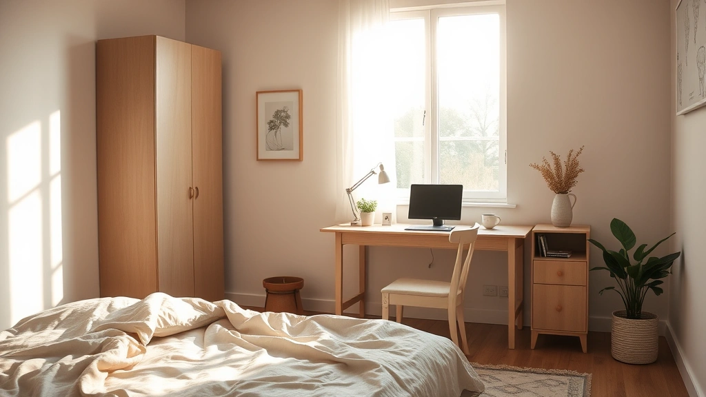 Peaceful minimalist bedroom with soft natural lighting, clean desk workspace, no visible devices, calm neutral colors, morning sunlight through window