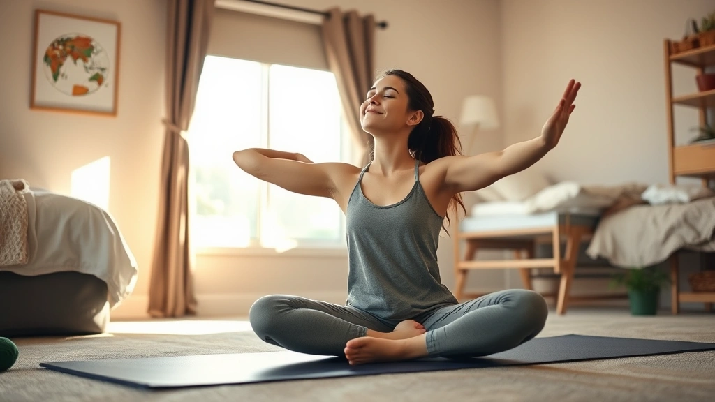 A student doing progressive muscle relaxation exercises on a yoga mat in a dorm room, peaceful expression, sunlight from window, demonstrating tension release and calm mindfulness practice