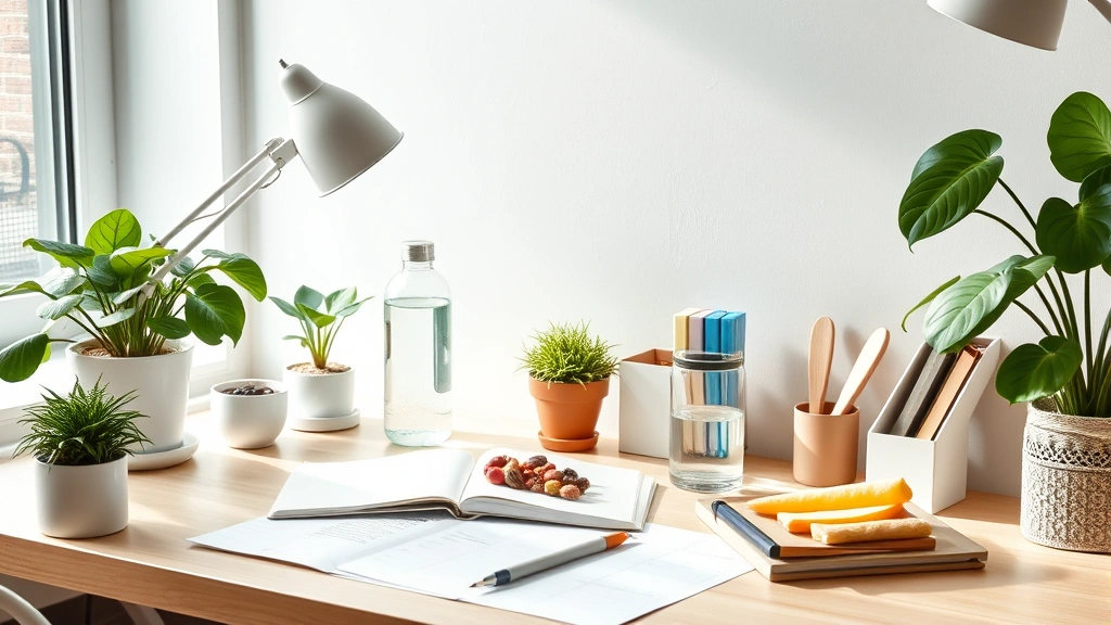 A healthy study environment featuring a clean desk setup with plants, good lighting, water bottle, and healthy snacks visible, showing an organized workspace designed for concentration without any screens or text visible