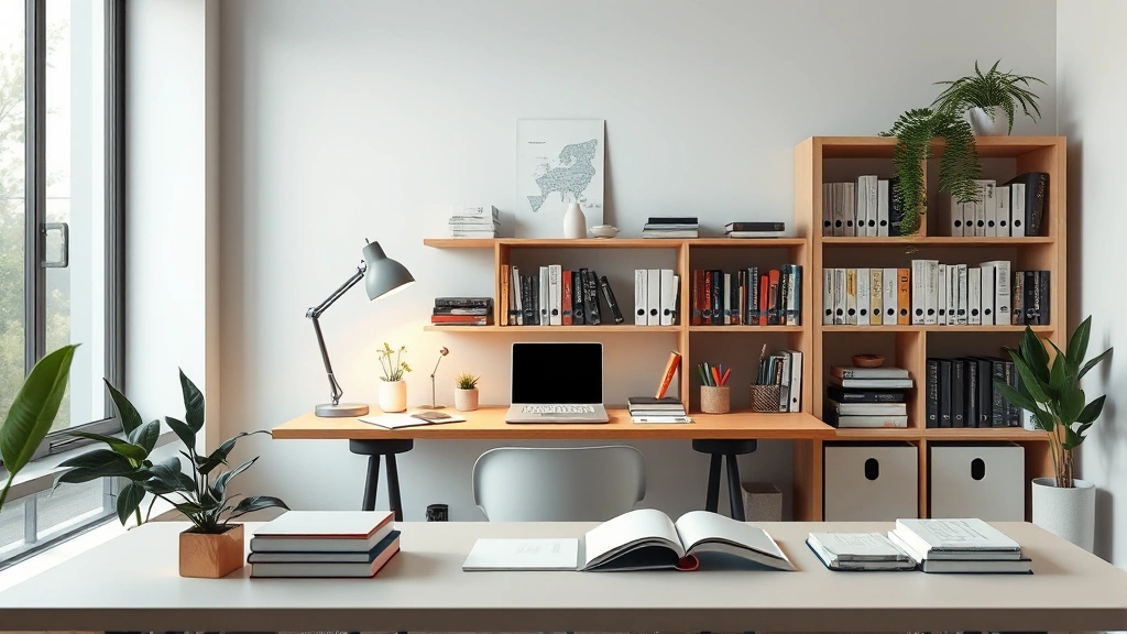 Study space with minimalist design, organized desk with books and materials, warm desk lamp lighting, peaceful library or quiet study room environment, plants visible, calm productive atmosphere, photorealistic