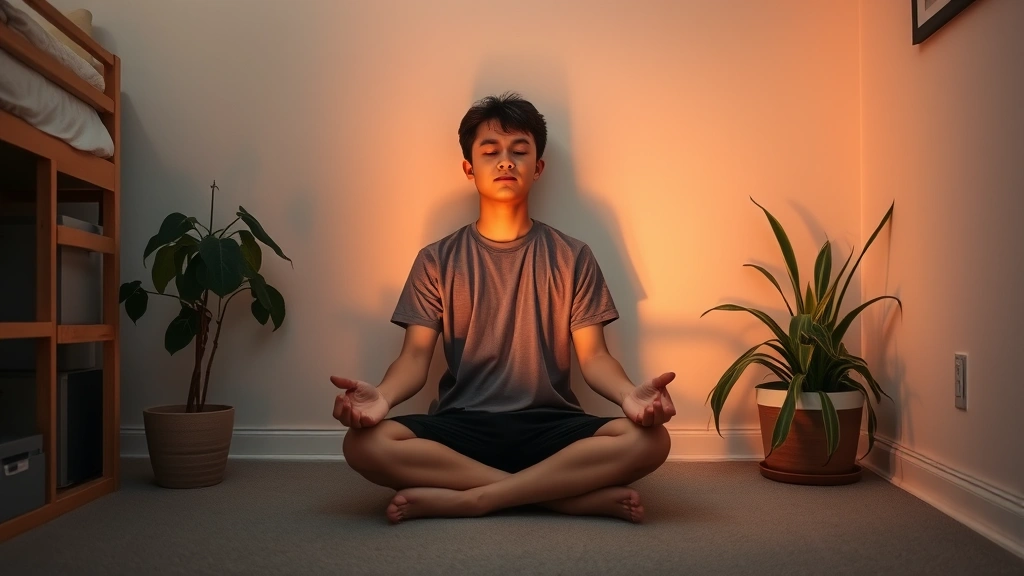 Student meditating in dorm room corner, peaceful seated position on floor with plants nearby, soft indirect lighting, serene facial expression, minimalist comfortable environment