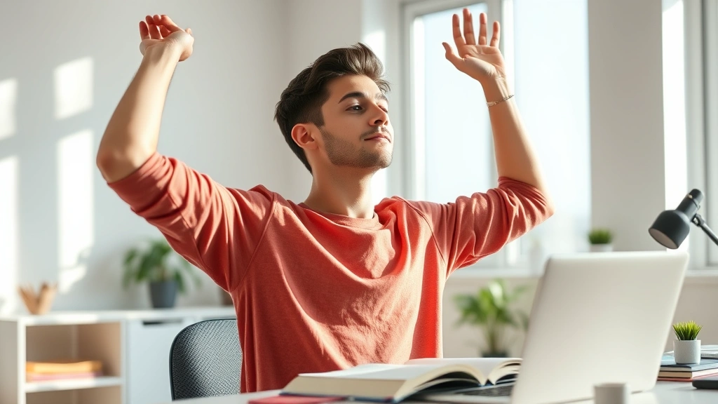 Student taking a break from studying, stretching arms upward in a bright study space, energized posture, morning or afternoon natural light, clean minimalist desk environment, candid lifestyle photography