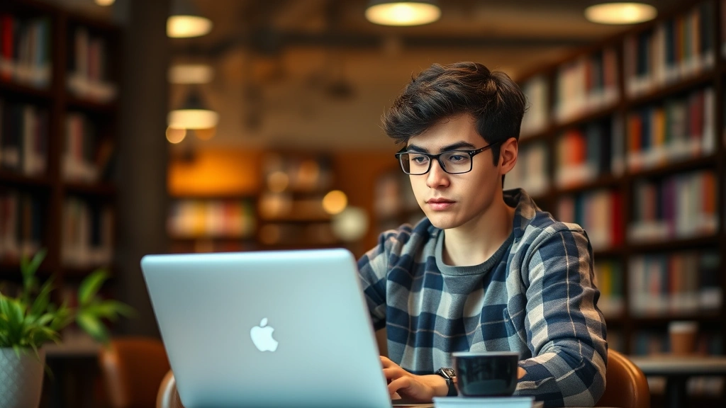 Student in library or coffee shop setting with laptop, engaged concentration, background slightly blurred, warm ambient lighting, productive focused study session