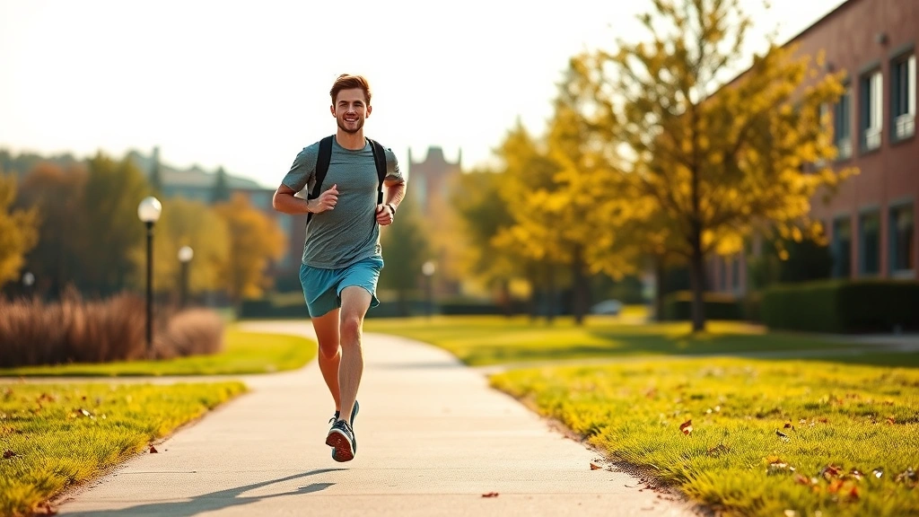 A college student jogging outdoors on a sunny campus path, athletic movement captured mid-stride, natural landscape background, energetic and healthy appearance, conveying exercise and mental wellness benefits