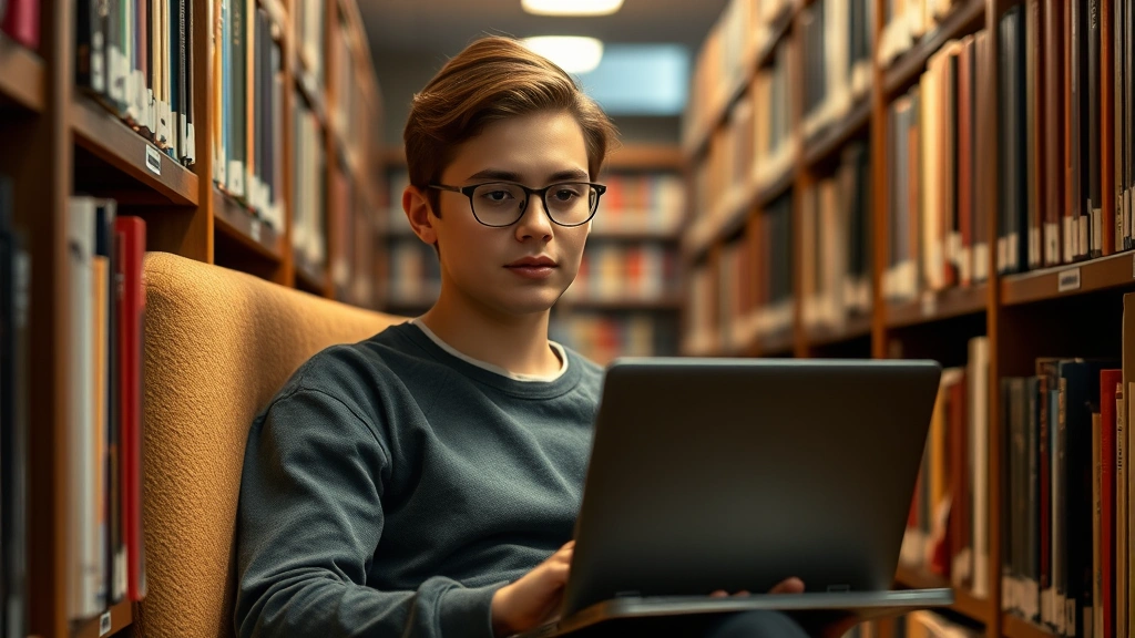 Student in library study carrel with closed laptop, surrounded by books, calm focused demeanor, warm library lighting, quiet studious atmosphere, deep work environment