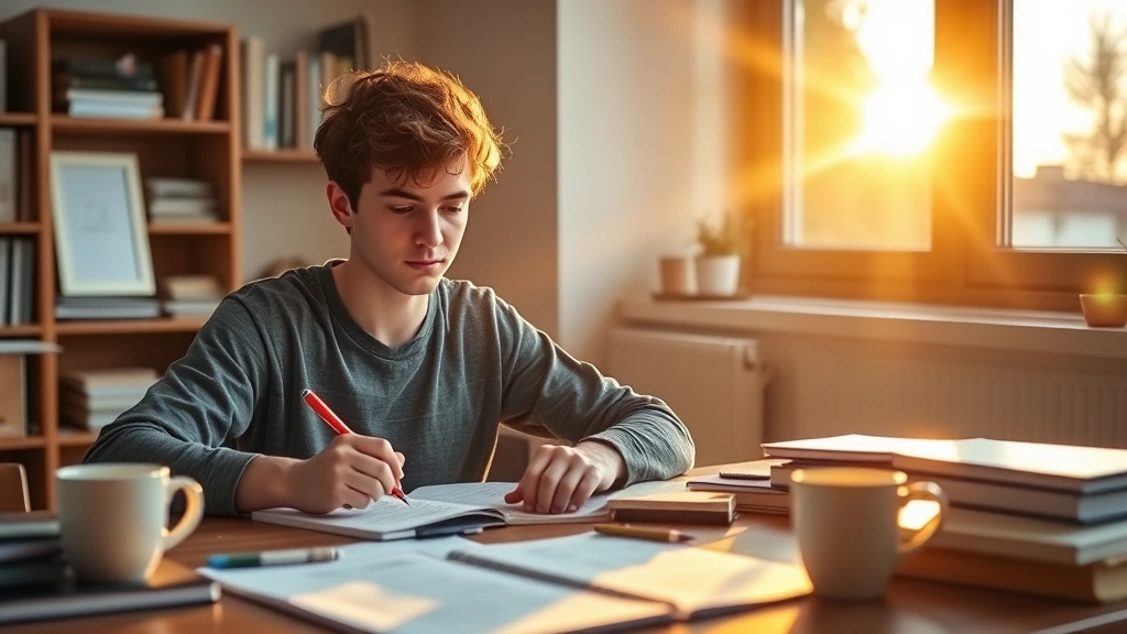 Student working at desk during golden hour sunlight, taking notes, coffee cup nearby, focused demeanor, organized materials, peaceful study environment, warm natural lighting, photorealistic concentration scene