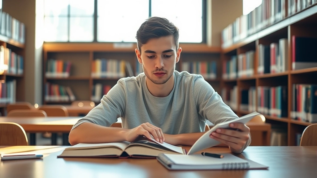 College student studying at library table with open textbook and notebook, sunlight from window, concentrated facial expression, warm lighting, calm academic environment, photorealistic