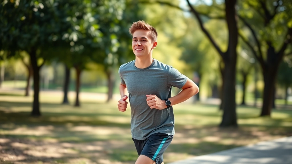 Young person jogging outdoors in natural light, athletic movement, energetic expression, trees and park setting visible, health and vitality emphasized