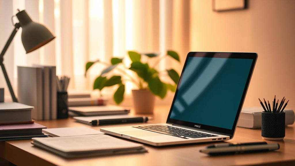 Peaceful study environment showing organized desk space, plant in background, soft warm lighting, closed laptop showing digital boundaries, serene focused atmosphere
