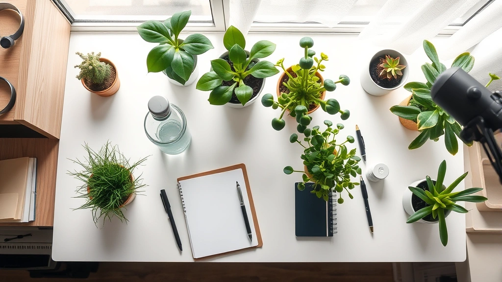 An overhead view of a well-organized study space with plants, water bottle, notebook, and minimal distractions on a clean desk, natural daylight, demonstrating optimal focus environment setup