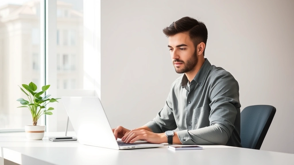 Person sitting at minimalist desk with natural light, completely focused on laptop work, calm concentrated expression, professional workspace with plant, no visible text or notifications