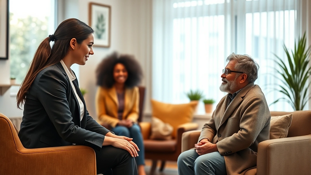 Professional therapist and diverse patient in warm, welcoming therapy office setting with natural light, comfortable seating, peaceful atmosphere, genuine human connection and trust, photorealistic