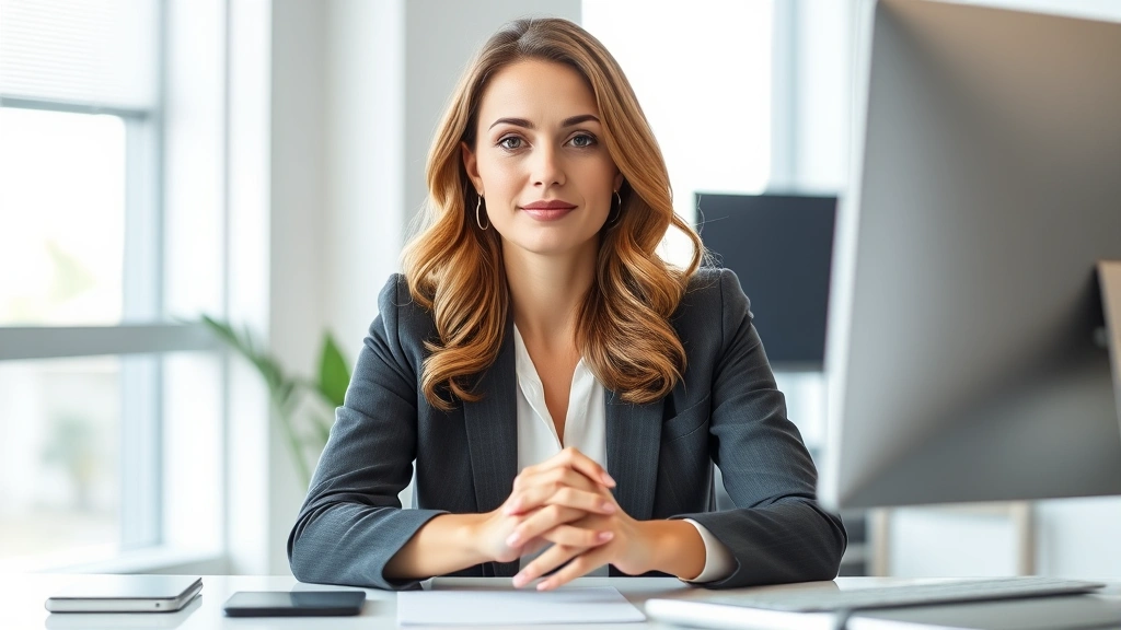 Professional woman in bright modern office sitting at desk with hands folded, calm focused expression, natural window light, minimalist workspace, no screens or text visible