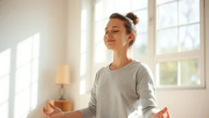 Person meditating peacefully in sunlit room with calm expression, natural light streaming through windows, serene indoor environment, relaxed posture, mindful state