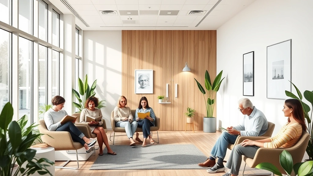 Modern mental health clinic waiting room with diverse patients reading, peaceful environment, plants, natural light, contemporary design, calm and welcoming space, photorealistic