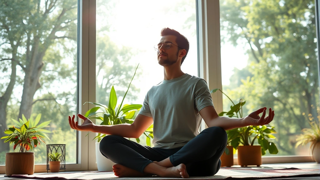 Person in peaceful meditation pose by large windows overlooking nature, sunlight streaming in, serene expression, comfortable interior setting, plants visible, photorealistic calm atmosphere