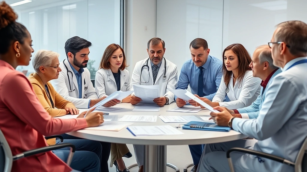 Healthcare team meeting around table reviewing patient charts and discussing treatment plans, diverse professionals collaborating, office setting, focused and engaged expressions, photorealistic