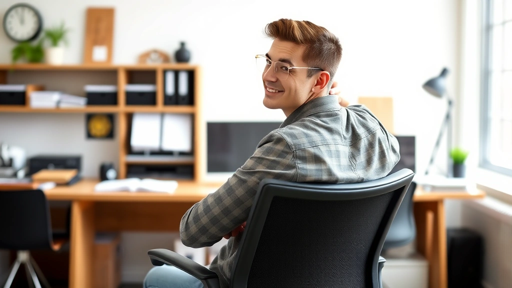 Young professional man at desk leaning back in chair with relaxed confident posture, organized workspace in background, natural lighting, clear mental clarity expression, no visible text or clocks