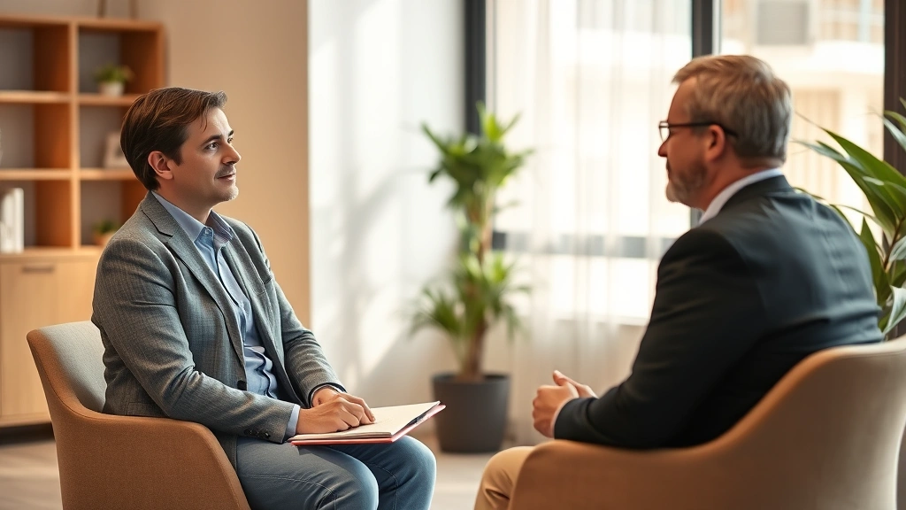 Professional mental health therapist sitting across from patient in modern office, warm lighting, focused expression, notepad visible, calming neutral tones, photorealistic