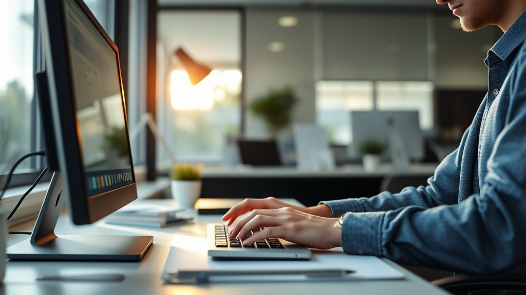Person working at desk with clear focus, hands on keyboard, peaceful office environment, natural light from window, serene concentration, professional setting, photorealistic