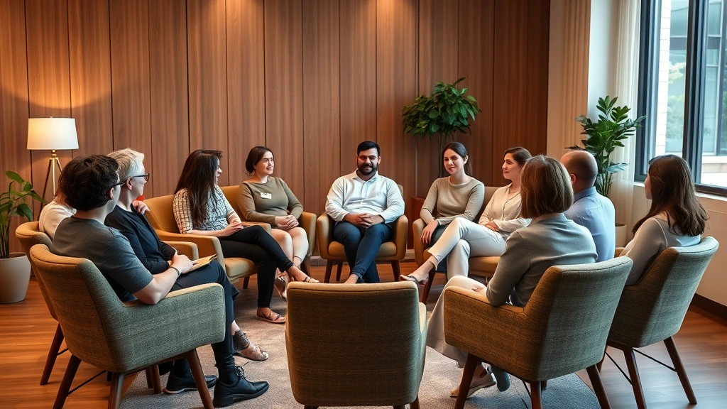 Group therapy or support session in circle of comfortable chairs, diverse individuals, engaged listening, supportive atmosphere, warm lighting, photorealistic