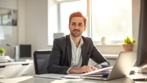 Person sitting at desk in bright office, eyes focused on work with peaceful expression, sunlight streaming through window, minimal distractions visible, professional environment