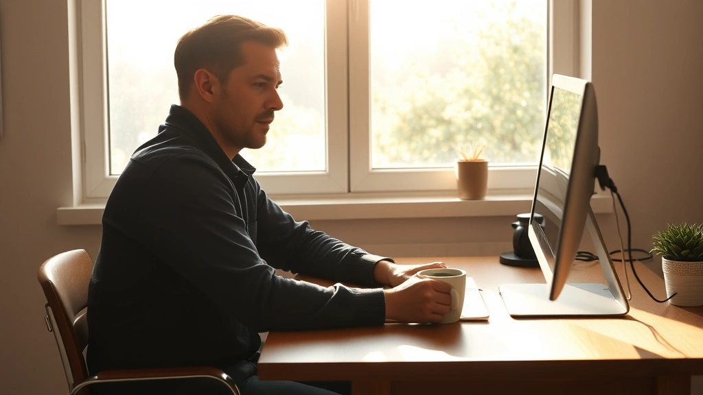 Person sitting at wooden desk in bright natural light from window, morning sun streaming in, focused expression, coffee cup nearby, minimalist workspace with no screens visible, calm concentration
