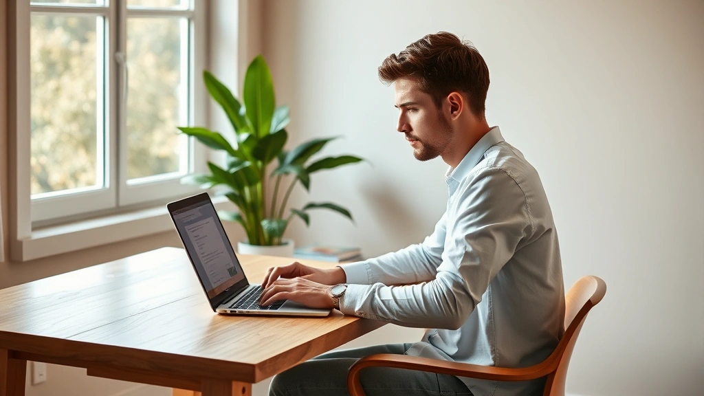 Person sitting at clean wooden desk by large window with natural light, typing on laptop with focused expression, peaceful plant in background, warm neutral tones, photorealistic morning workspace