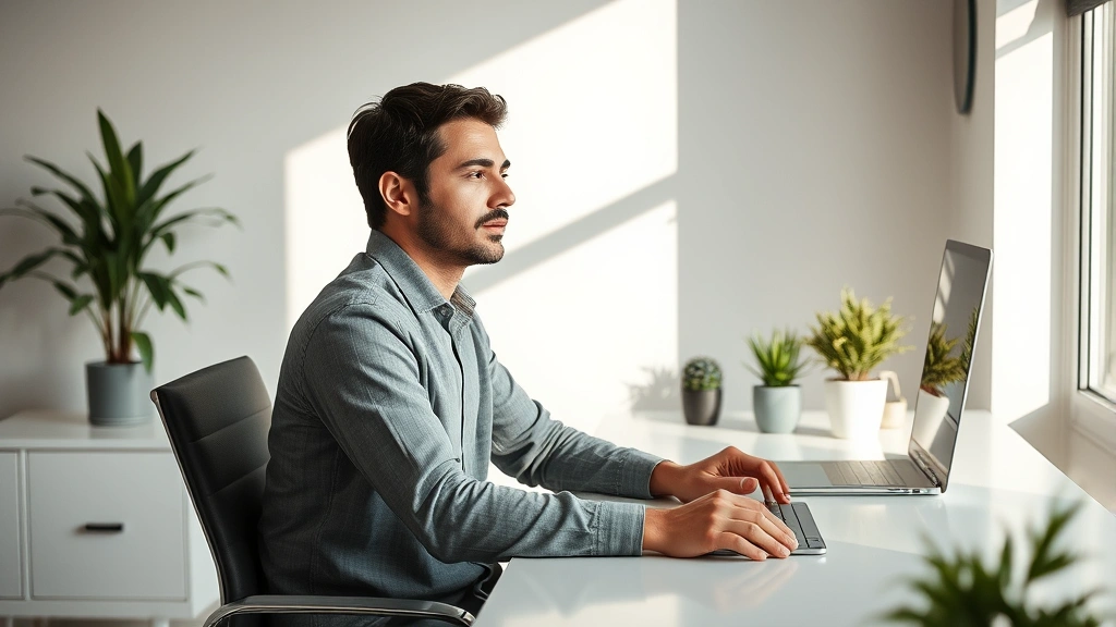 Person sitting at clean desk in natural light, hands relaxed on desk surface, peaceful focused expression, warm minimalist workspace with plants, photorealistic calm professional environment