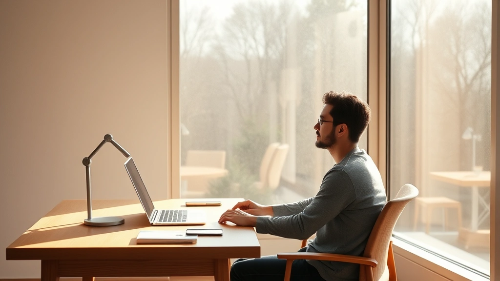 Serene person sitting at minimalist wooden desk by large window, natural sunlight streaming in, completely focused on work, peaceful expression, warm tones, photorealistic, no visible screens or text
