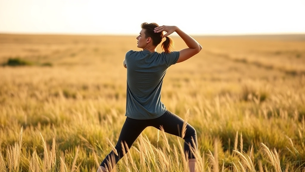Individual outdoors in Kansas prairie landscape, morning light, stretching or light exercise movement, healthy posture, natural background with grass and sky, peaceful energy, no structures or text